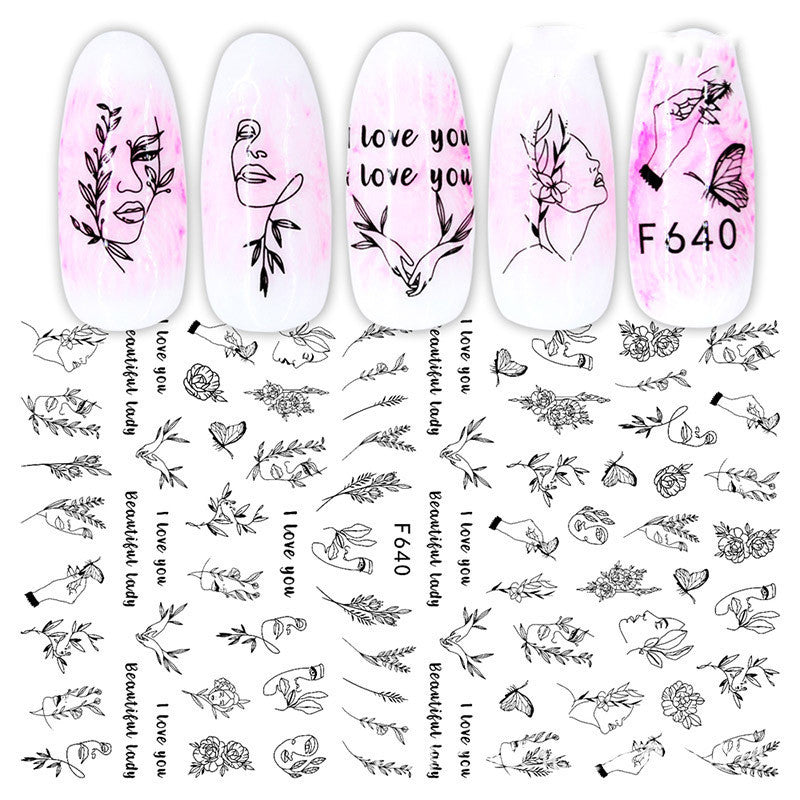 3D Nail Stickers – Black & White Rose Heart Ink Nail Decals